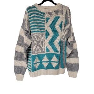 Vintage Abstract Sweater‎ Medium Turquoise Justin Blake Korea Geometric